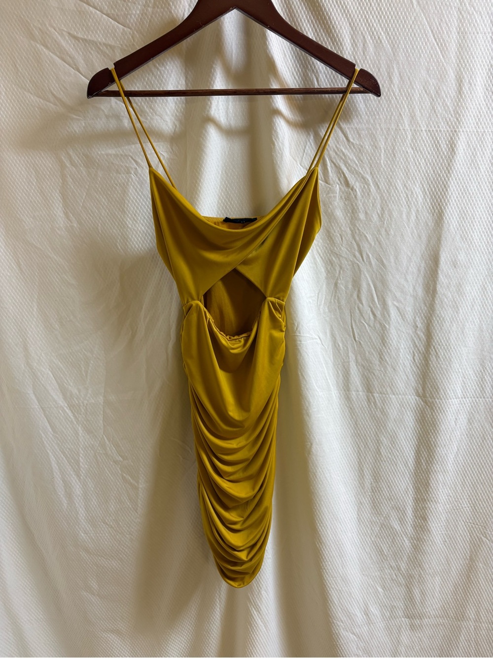 21 Saints Mustard Ruched Cutout Mini Dress Adjustable Straps Small Pre-Loved